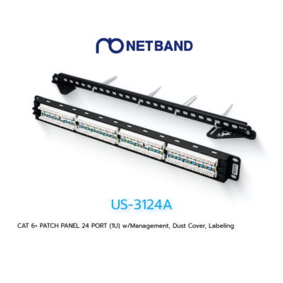 US-3124A CAT 6+ PATCH PANEL 24 PORT (1U) w/Management, Dust Cover, Labeling