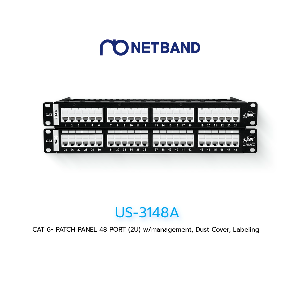 US-3148A CAT 6+ PATCH PANEL 48 PORT (2U) w/management, Dust Cover, Labeling