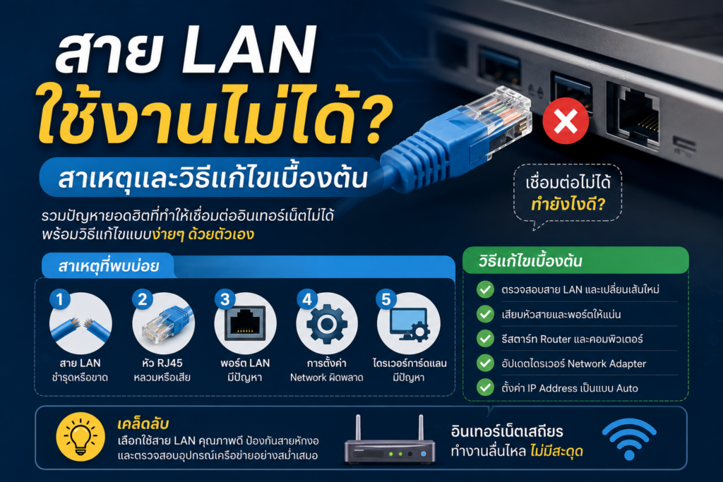 สาย LAN ใช้งานไม่ได้ วิธีตรวจสอบและแก้ไขปัญหาเบื้องต้นเกี่ยวกับระบบเครือข่ายอินเทอร์เน็ต