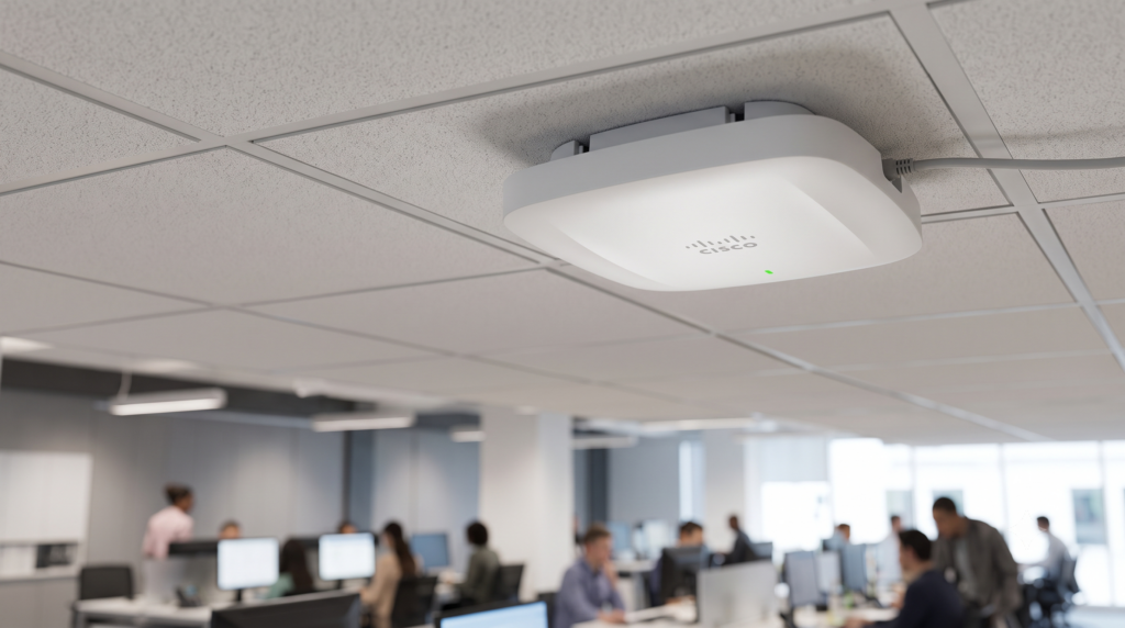 อุปกรณ์กระจายสัญญาณเครือข่ายไร้สาย Cisco Access Point สีขาวติดตั้งอยู่บนฝ้าเพดาน พร้อมไฟสถานะสีเขียว โดยมีฉากหลังเป็นบรรยากาศในสำนักงาน