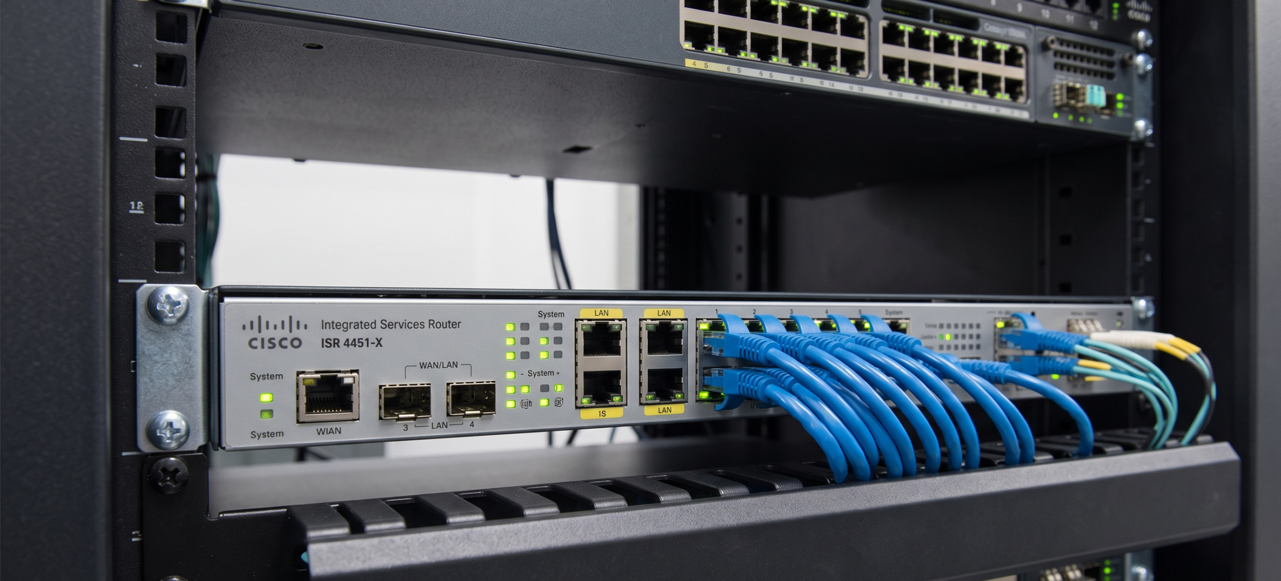 ภาพถ่ายระยะใกล้ของ Cisco ISR 4451-X ในแร็ค มีสายเคเบิล LAN สีฟ้าและสายไฟเบอร์สีน้ำเงินเชื่อมต่ออยู่ และไฟสถานะ LED สีเขียวติดสว่าง