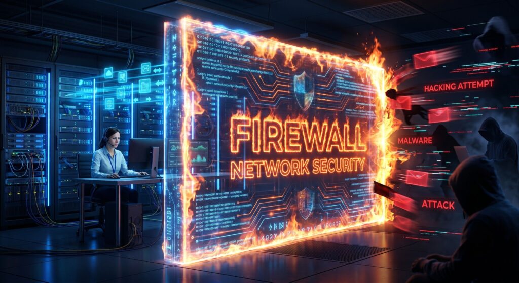 ภาพแสดงกำแพงไฟ 'FIREWALL NETWORK SECURITY' ที่ลุกโชนในศูนย์ข้อมูล โดยมีผู้ดูแลระบบหญิงทำงานทางซ้าย และกลุ่มแฮกเกอร์สามคนที่กำลังโจมตีทางขวา