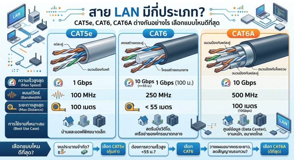 เปรียบเทียบสาย LAN ประเภท CAT5e, CAT6 และ CAT6A พร้อมข้อมูลความเร็ว แบนด์วิดท์ ระยะทาง และคำแนะนำในการเลือกใช้งาน