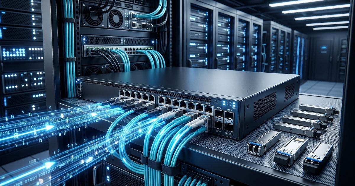 enterprise networking illustration showing a network switch with multiple SFP ports