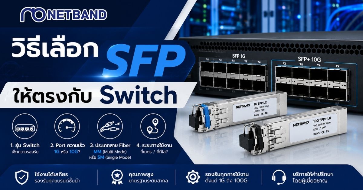 Hero Banner บทความวิธีเลือก SFP ให้ตรงกับ Switch แสดง SFP Module, SFP+ และพอร์ต Switch พร้อมข้อมูลการเลือกจากความเร็ว ประเภทสาย Fiber และระยะทาง