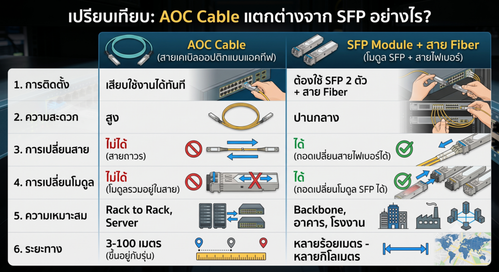 ข้อความ Alt (Alt Text): ตารางอินโฟกราฟิกเปรียบเทียบความแตกต่างระหว่าง AOC Cable และ SFP Module ในด้านการติดตั้ง ความสะดวก การเปลี่ยนสาย การเปลี่ยนโมดูล ความเหมาะสม และระยะการส่งข้อมูล