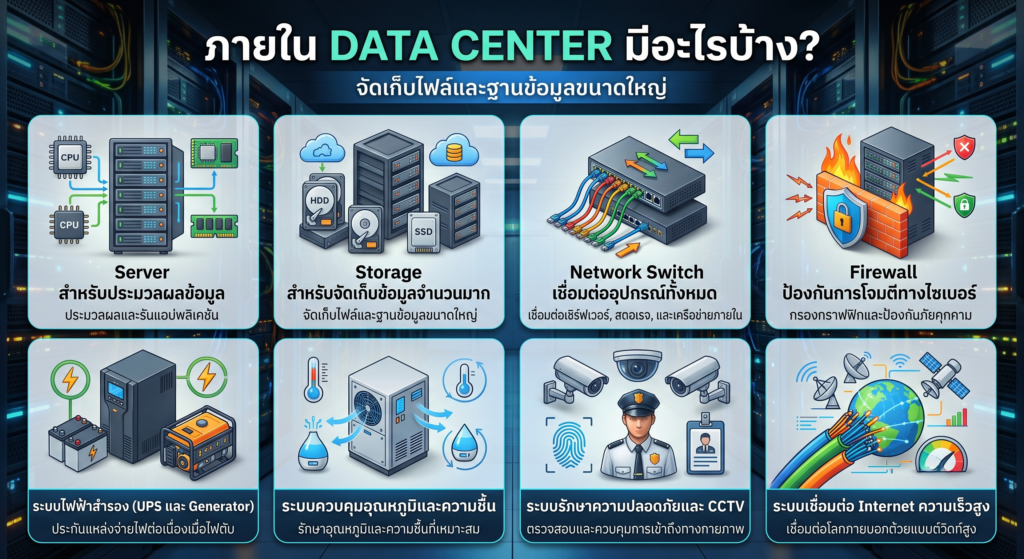 ภาพอินโฟกราฟิกแสดงองค์ประกอบหลัก 8 อย่างภายในศูนย์ข้อมูล (Data Center) ประกอบด้วย เซิร์ฟเวอร์, สตอเรจ, สวิตช์เครือข่าย, ไฟร์วอลล์, ระบบไฟฟ้าสำรอง, ระบบควบคุมอุณหภูมิ, ระบบรักษาความปลอดภัย และระบบอินเทอร์เน็ตความเร็วสูง