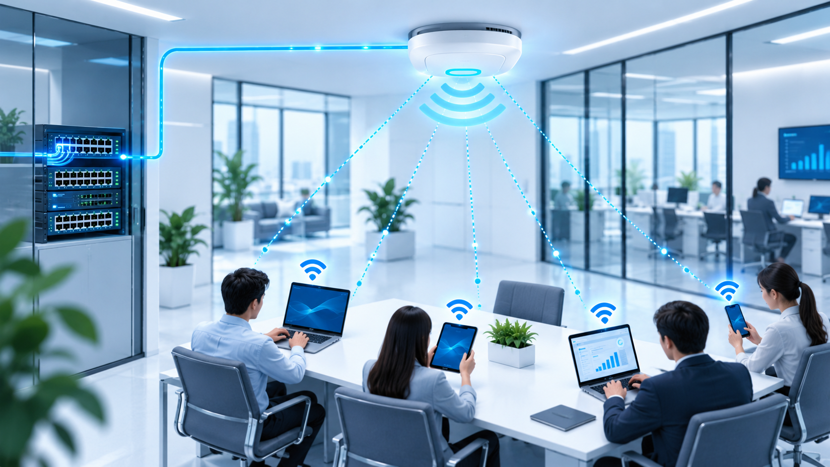 Network Switch เชื่อมต่อ Firewall Access Point Server และอุปกรณ์ในองค์กร