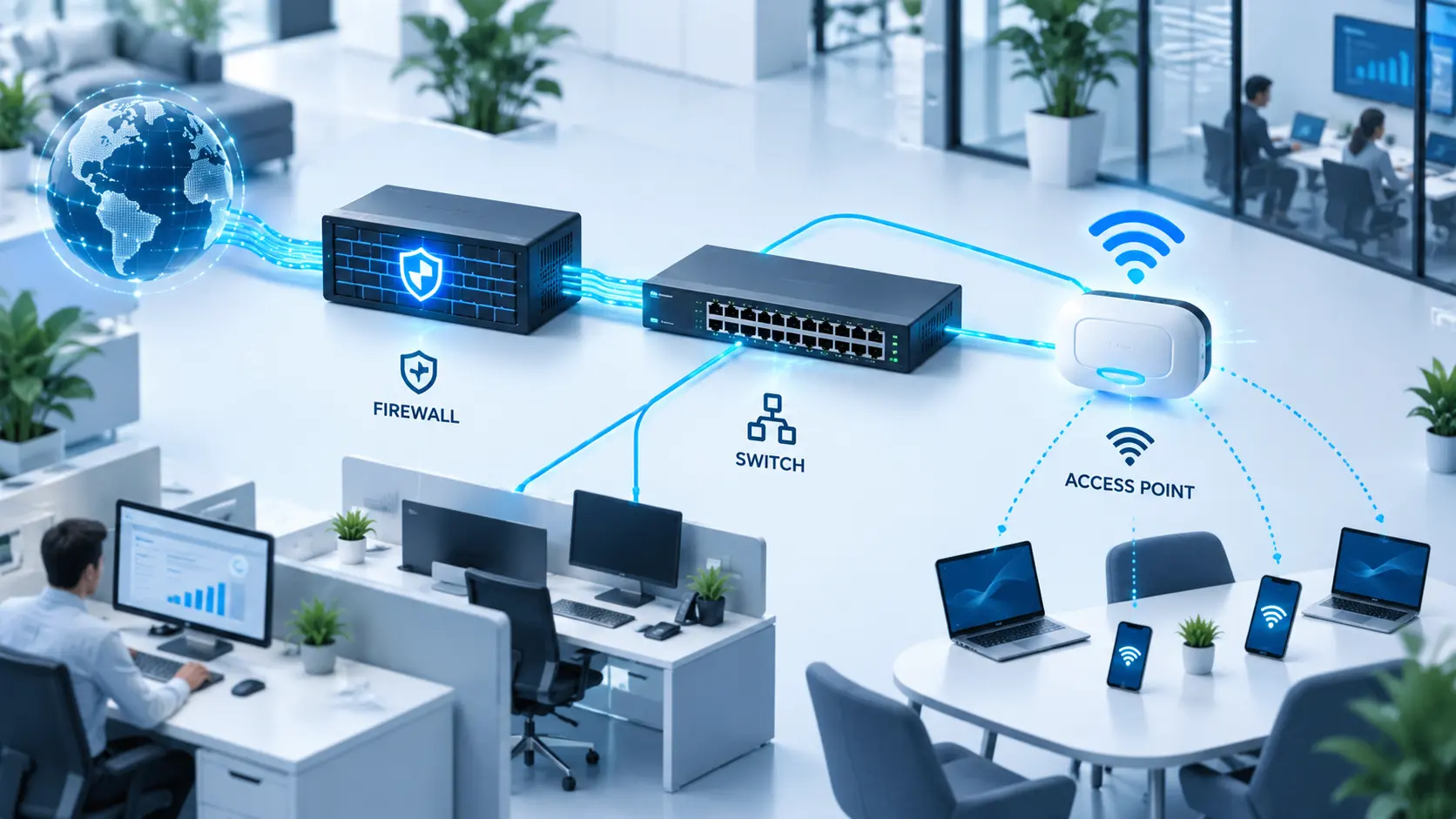 โครงสร้างระบบ Network ในสำนักงานที่มี Firewall Switch และ Access Point